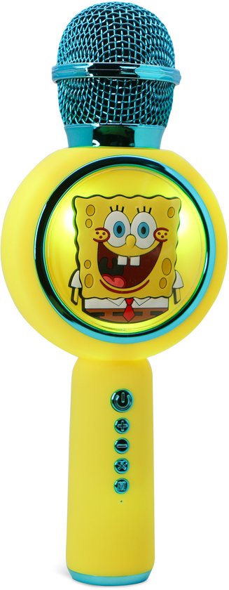 Gele karaoke microfoon met Spongebob afbeelding en blauwe microfoonkop.