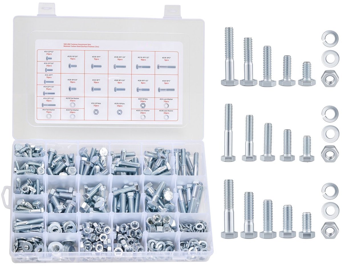 Bouten- en Moerenset - Assortiment 566-delig - Gelegeerd Staal - Ringen en Machineschroeven - Imperiaal (UNC) 1/4-20, 5/16-18, 3/8-16 - Meubel-, Apparaat- en Voertuigmontage