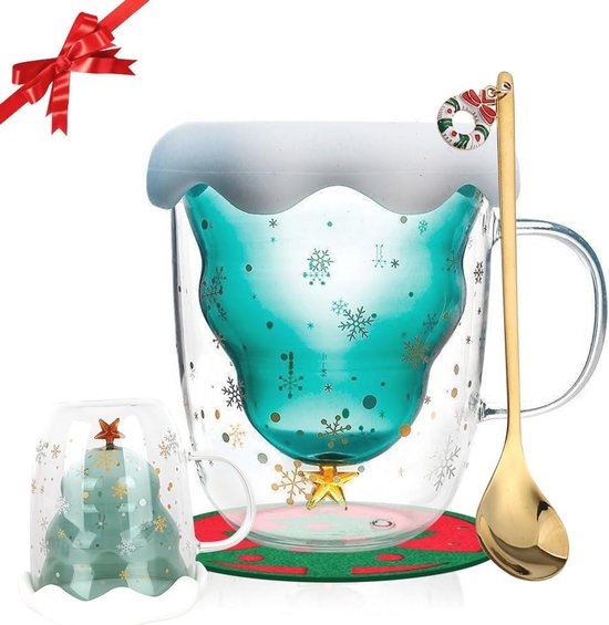 Kerstmok, dubbelwandige koffiemok, 300 ml, met lepel en kaart, kerstmok
