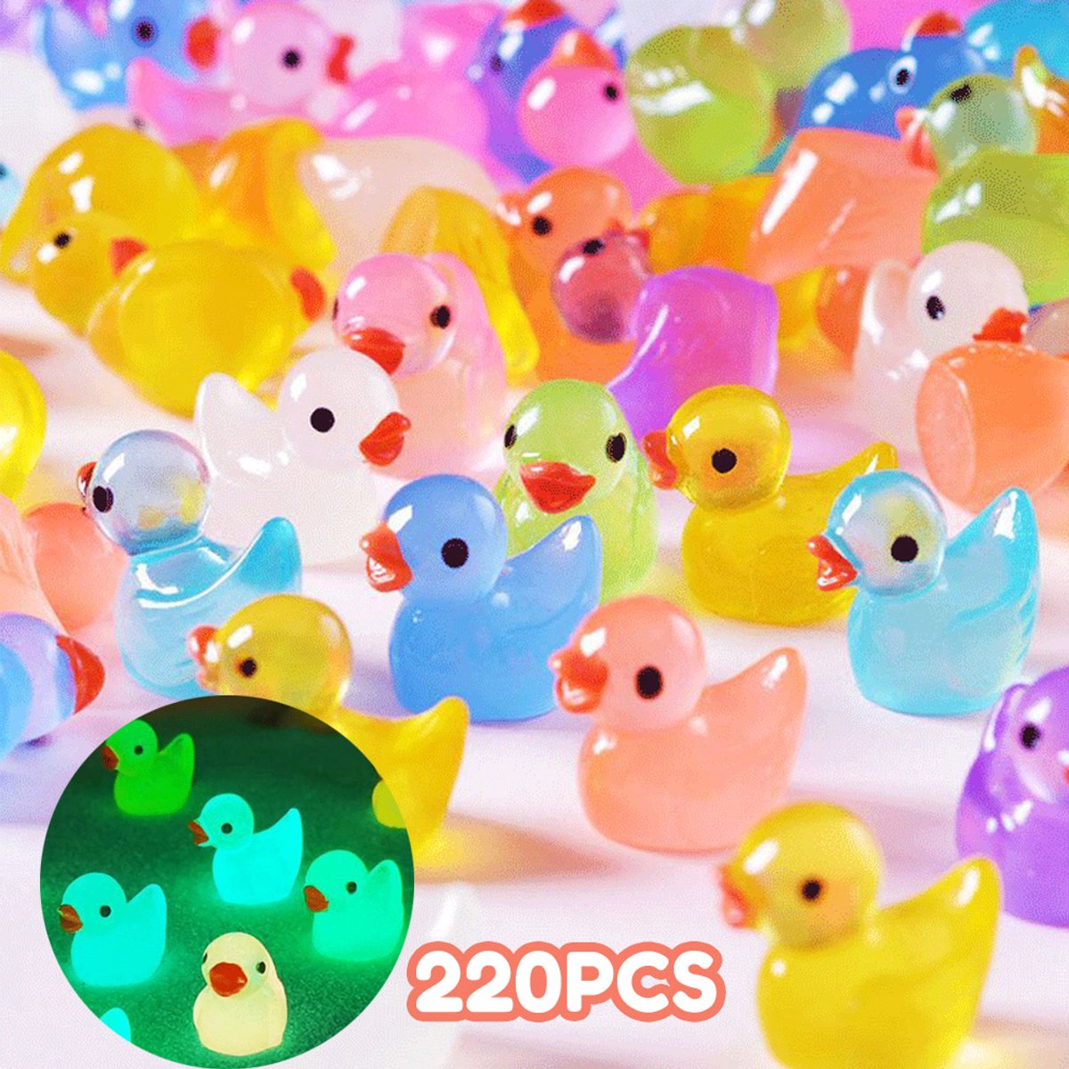 220 stuks lichtgevende mini-haren eendjes - kleine eendjes die oplichten in het donker - kleine plastic miniatuureendjes - voor poppenhuisdecoratie, microtuin, aquarium, knutselcadeautjes, feestartikelen, speelgoed