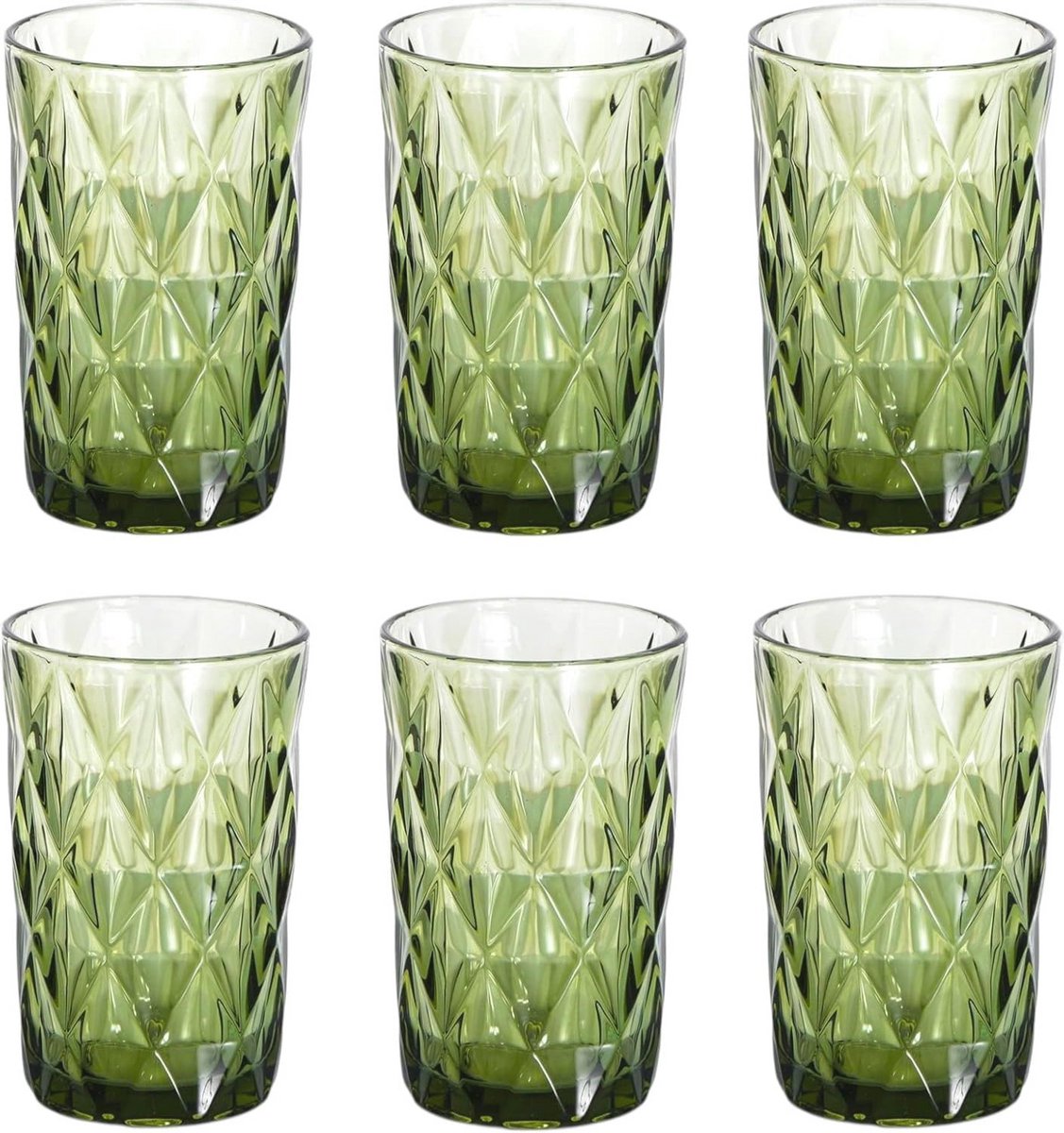 Set van 6 gekleurde wijnglazen en drinkglazen met diamantpatroon