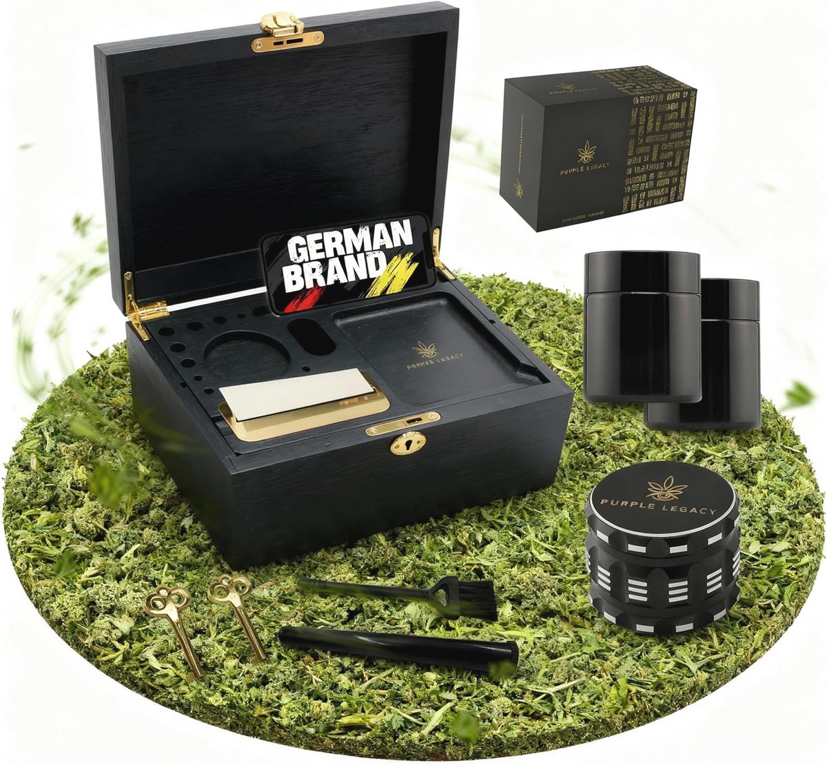 Houten kist met afsluitbare box, UV-glazen, uitneembare tablet en smartphonehouder