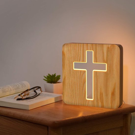 Kruisvormige houten hoofdeinde lamp - jesus cross stereo-led-optische nachtlamp - gepersonaliseerde decoratie van de kamer — afbeelding 2