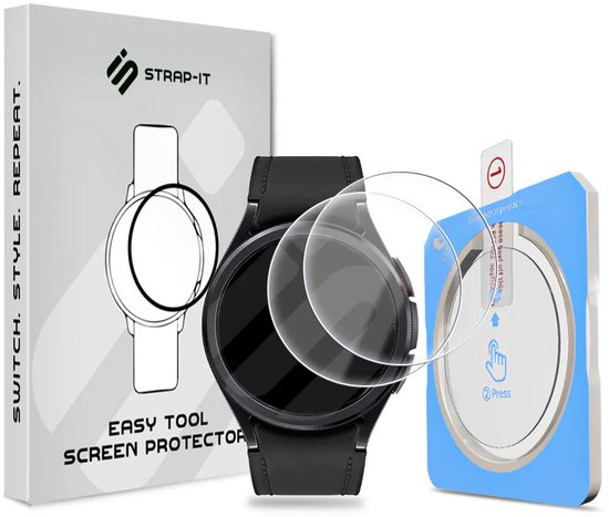Verpakking met Strap-it logo, smartwatch met zwarte band, screenprotector en installatie tool.