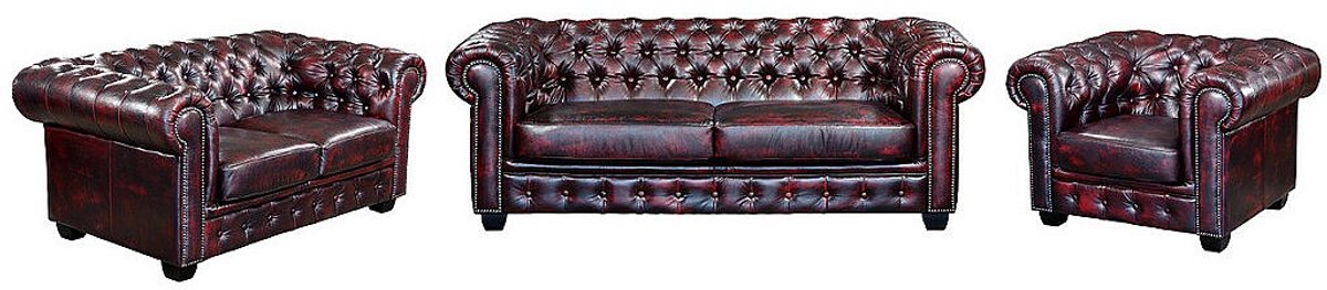 Vente-unique Driezits- en tweezitsbank en fauteuil Chesterfield BRENTON 100% buffelleer - Cherry Bordeaux