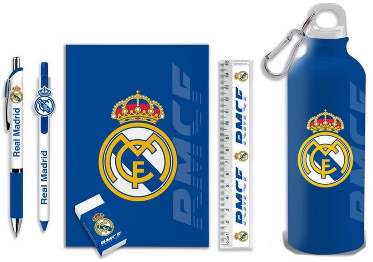 Real Madrid stationery set + aluminium drinkfles – 7-delig – blauw/wit - Geschenkset - Cadeau