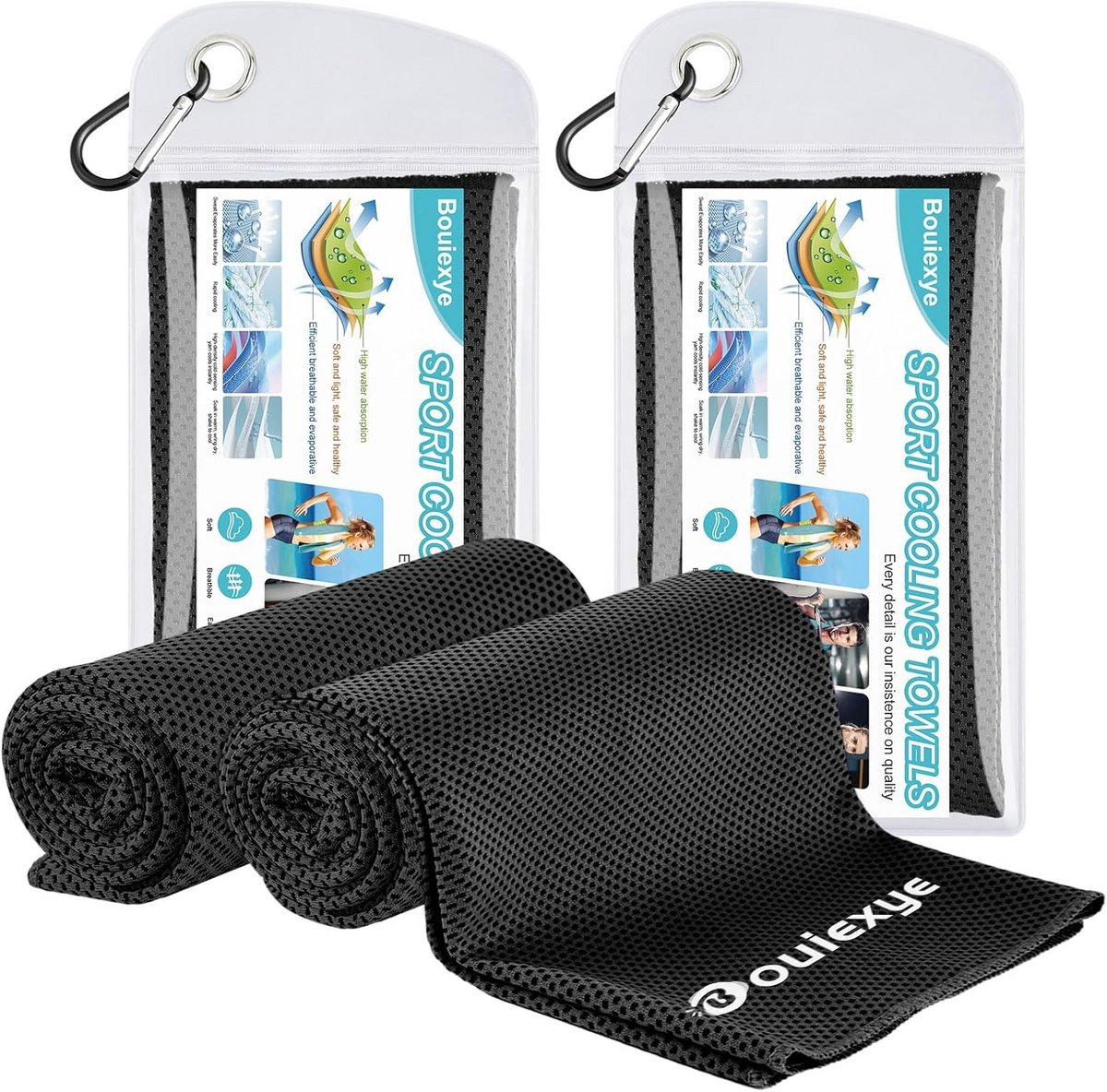 Koelhanddoek 2 Stuks - Verkoelende doek - Sport en Reizen - Met Karabijnhaak - 100 x 30 cm - Zwart