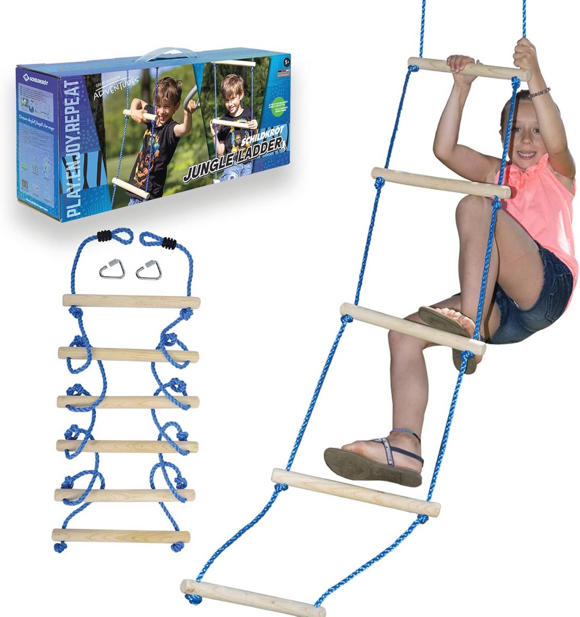 Robuuste Touwladder voor Buiten, 2,5 Meter Lange Ladder met 6 Houten Spijlen voor Schommelframes en Boomhutten