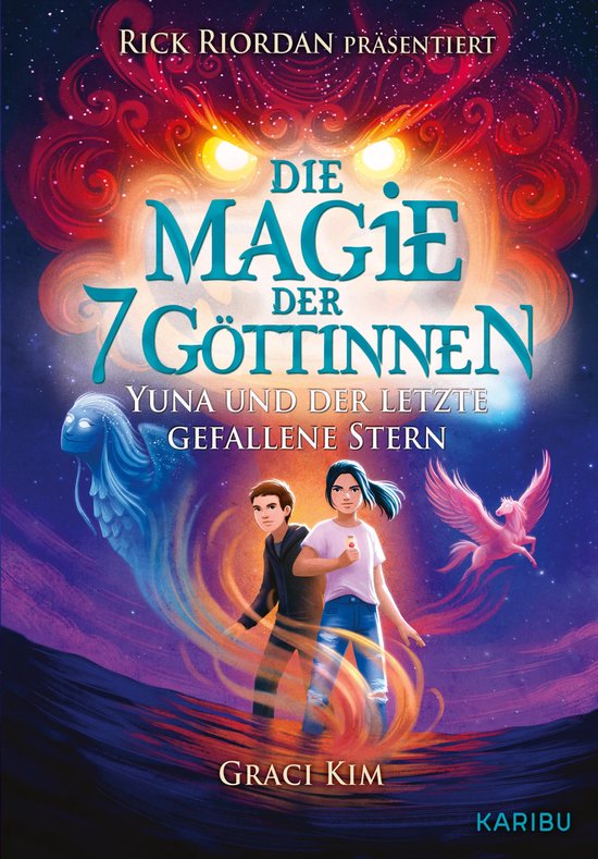 Boekcover 'De Magie van de 7 Godinnen' door Graci Kim. Twee kinderen staan voor een mythologische figuur en een gevleugeld paard.