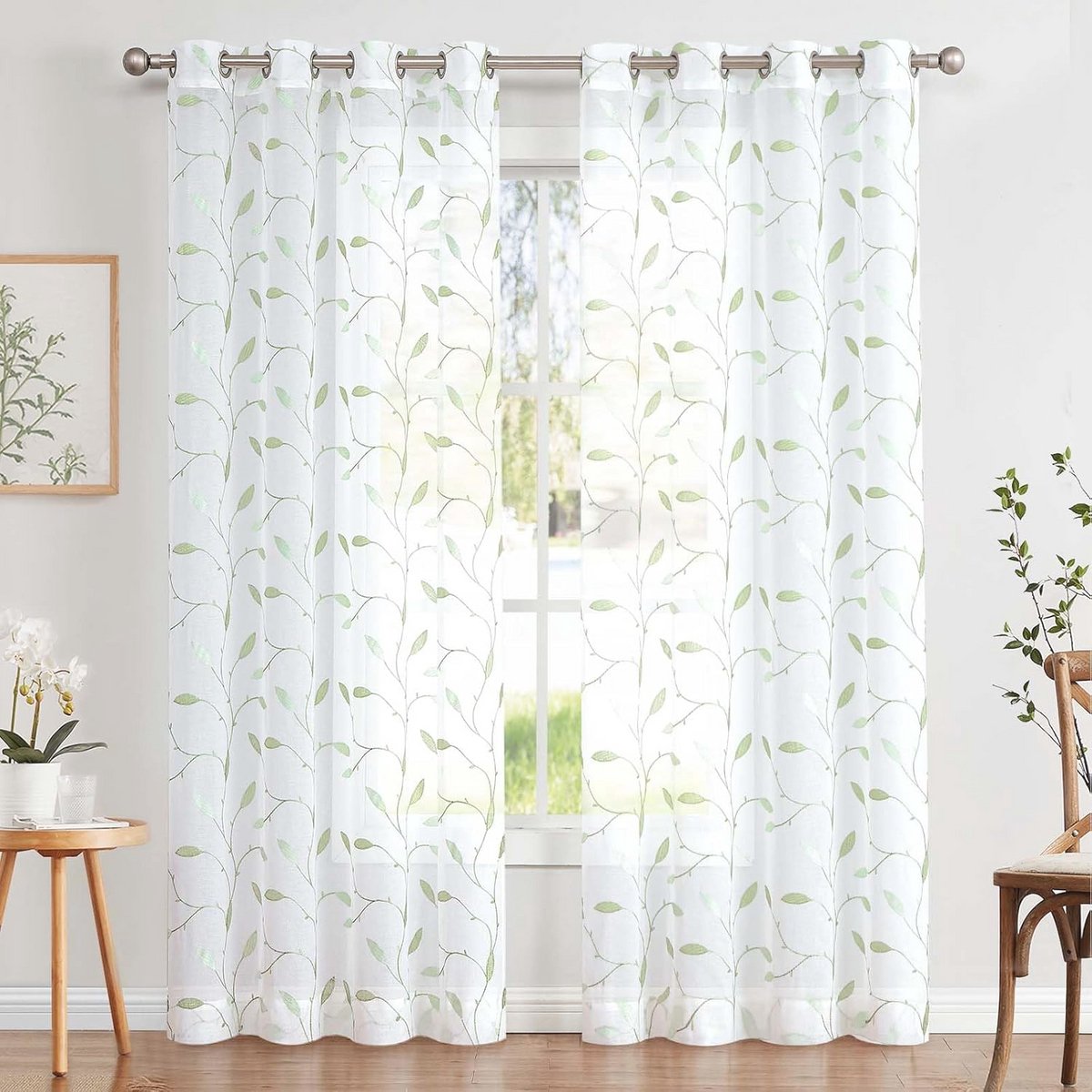 Transparante Voile Gordijnen met Bladeren en Borduurwerk - Set van 2 - 245 x 140 cm - Groen op Wit