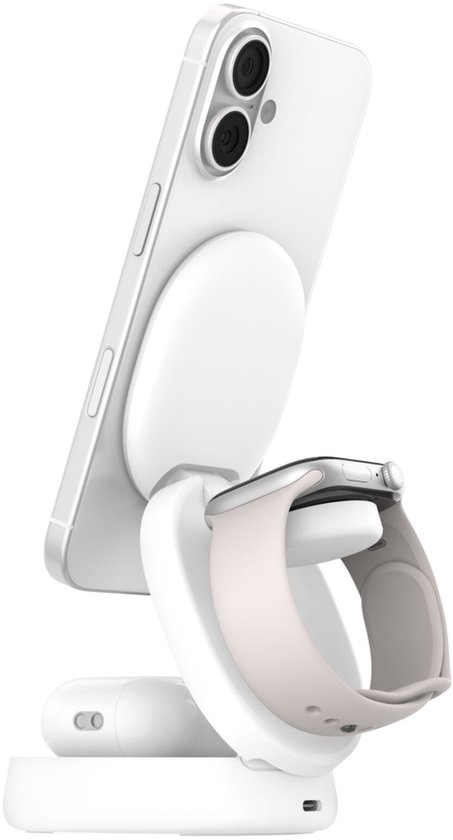 Witte 3-in-1 draadloze oplader, iPhone aan de achterkant, Apple Watch, AirPods Pro aan de basis.