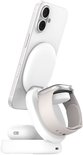 Witte 3-in-1 draadloze oplader, iPhone aan de achterkant, Apple Watch, AirPods Pro aan de basis.
