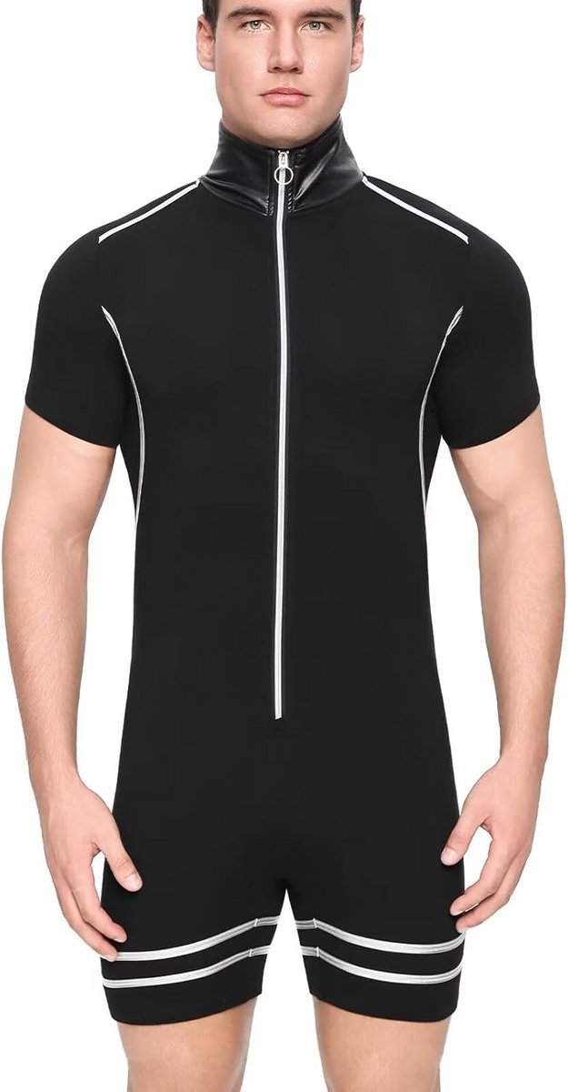 Herenbody met PU-leren kraag in Punkstijl en Contrasterende Strepen - Voor Feest of Als Nachtkleding
