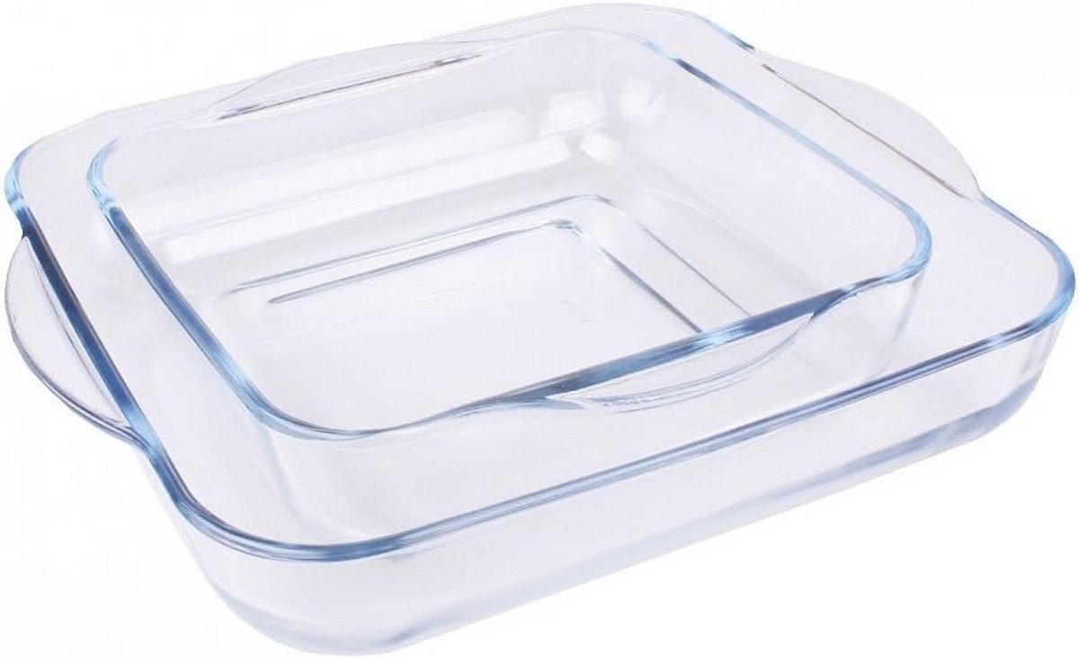 Ovenschaal vierkant van borosilicaatglas, transparant, 31,5 x 28 x 6 cm, set van 2