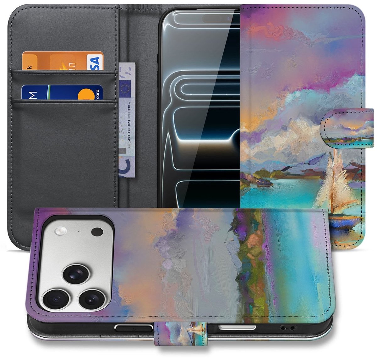 Book Case iPhone 17 Pro Max Boot Motief Kunstleer Paars Blauw Groen Met Pasjes