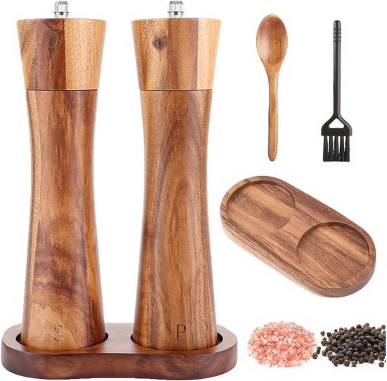 Luxueuze Houten Zout- en Pepermolen Set met Dienblad – WoodSpice