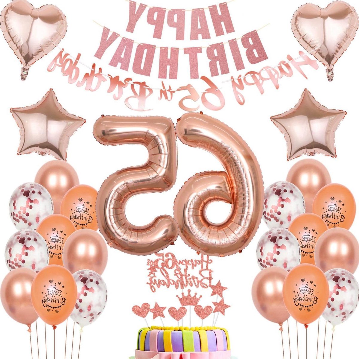 Allecta - Feestdecoratie voor 65e verjaardag van vrouw - Roze en gouden taartdecoratie met ballonnen