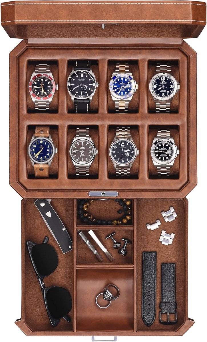 Luxe Heren en Dames Horlogebox met 8 Compartimenten en Valet Lade - Modern en Functioneel Design