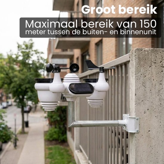 Wit weerstation met buitenunit gemonteerd aan een balustrade, met gebouw op achtergrond.