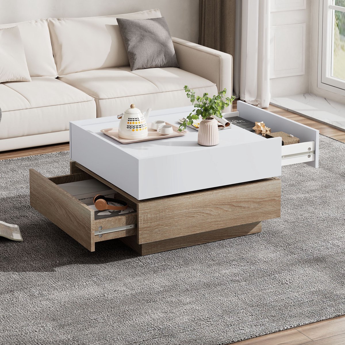 Merax Woonkamer salontafel 60x60x38 cm - 360° draaibaar - met twee lagen platen en opbergruimte - bijzettafel - houtkleur en wit