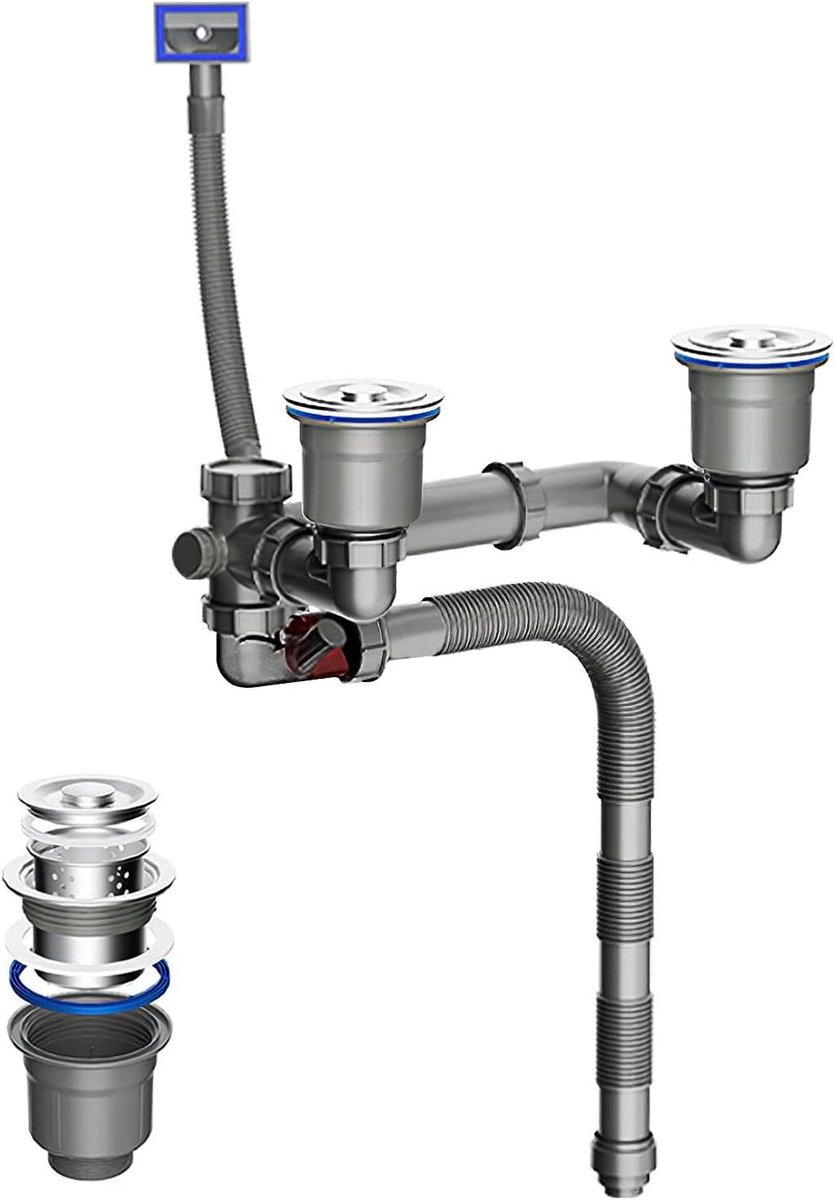Allecta - Dubbele sifon keuken spoelbak 110 mm, afvoerpijpset, geurdicht en overloopveilig, verstelbare buis. Geschikt voor Φ 40/50 mm afvoerbuizen.