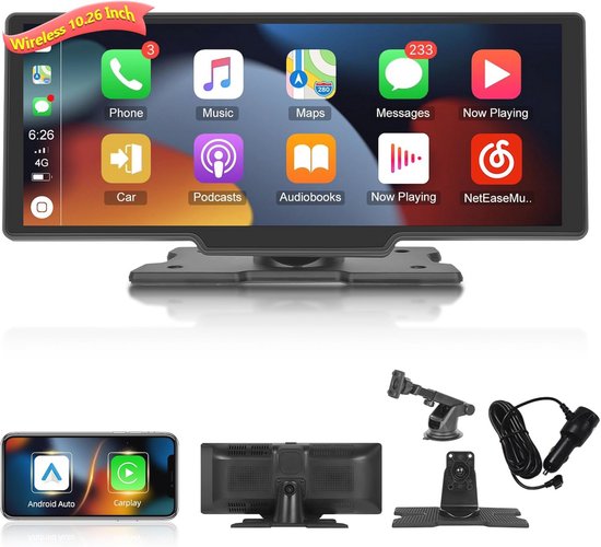 1 DIN Autoradio Met 10,4 Inch Touchscreen – Draadloze CarPlay & Android Auto, Bluetooth, FM, AUX, USB, TF, Spiegelverbinding En Achteruitrijcamera