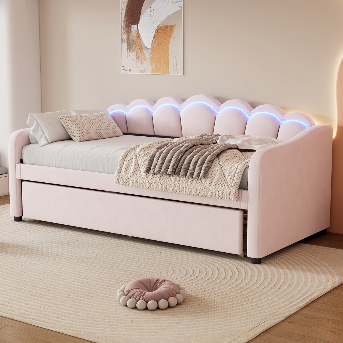 MODFU Bedframe 90x200 cm – roze fluweel – uitrolbaar slaapbank met verstelbare LED – dagbed
