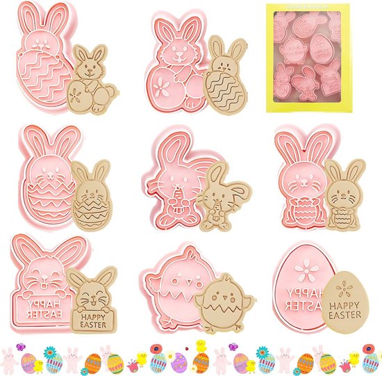 10 Stuks Uitsteekvormen Pasen Set, Koekjesvormen Hazen Kuikens, 3D