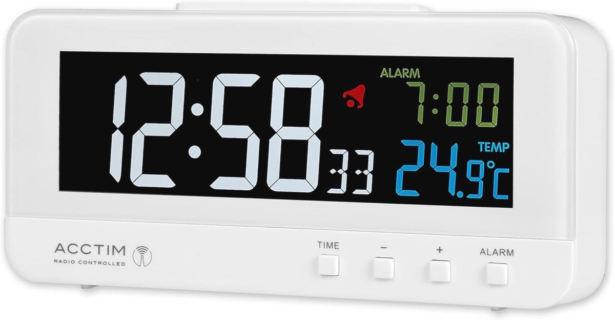 Stijlvolle Radio Controlled Wekker met Alarm, Tijd, Datum en Binnentemperatuur