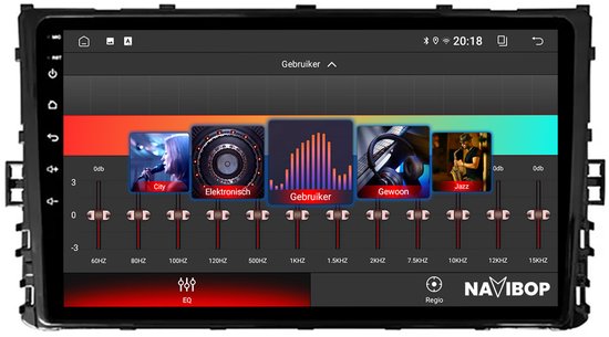 Autoradio Navibop avec réglages d'égaliseur : City, Elektronisch, Gebruiker, Gewoon, Jazz.