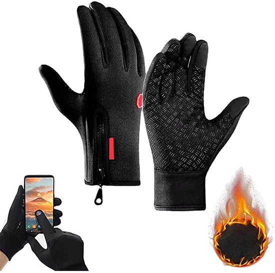 Zwarte winterhandschoenen met rits, antislip, touchscreen compatibel en warm.