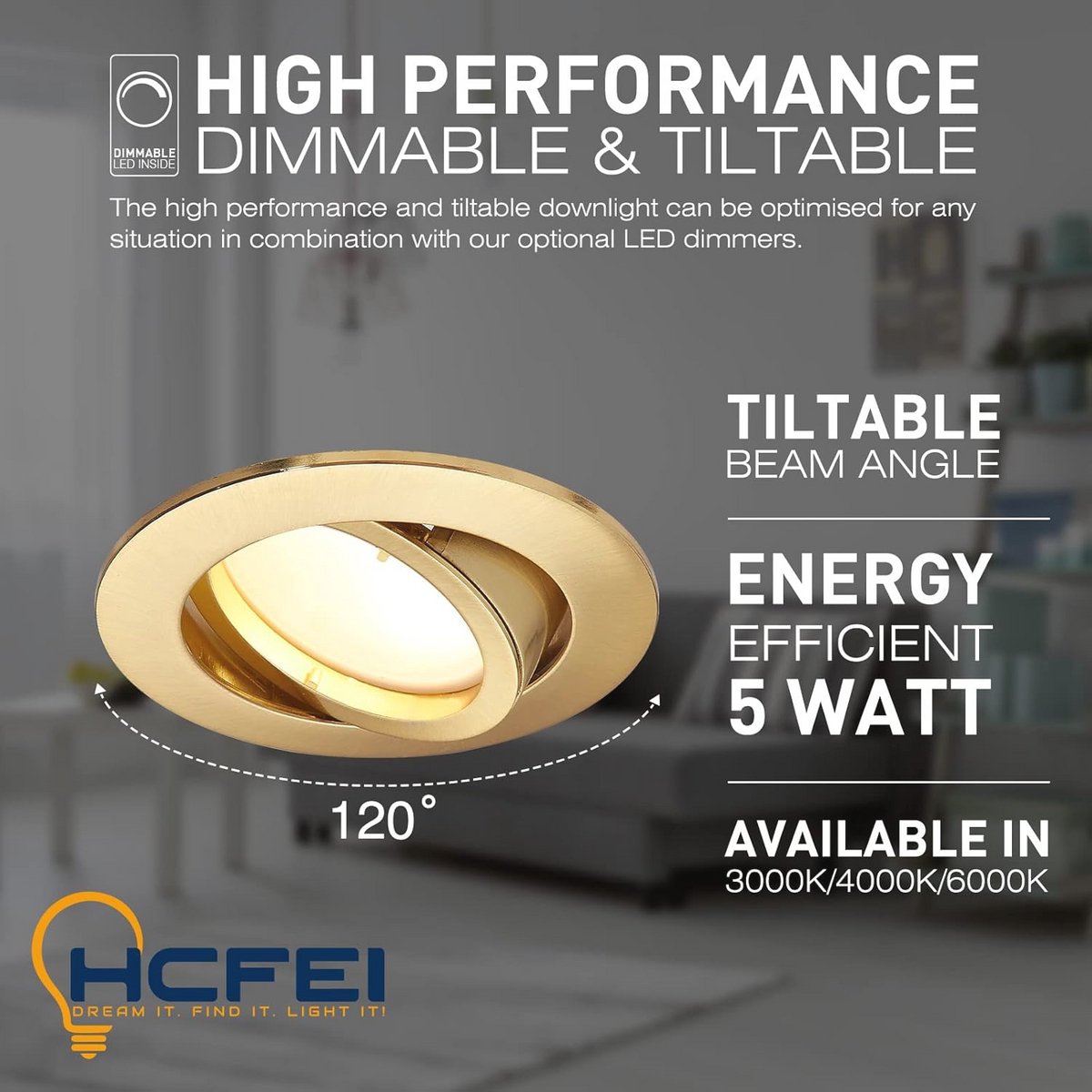 Dimbare Goudkleurige Led-inbouwspot - Rond & Plat - 5W - 120° Stralingshoek - 4000K Neutra
