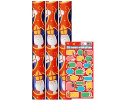 Product afbeelding van Sinterklaaspapier Pakpapier inpakpapier - 3 meter x 70 cm - 3 rollen - Incl. 20 Sint Naamstickers