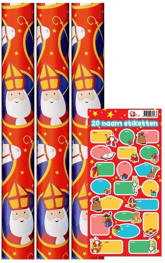 Sinterklaaspapier Pakpapier inpakpapier - 3 meter x 70 cm - 3 rollen - Incl. 20 Sint Naamstickers