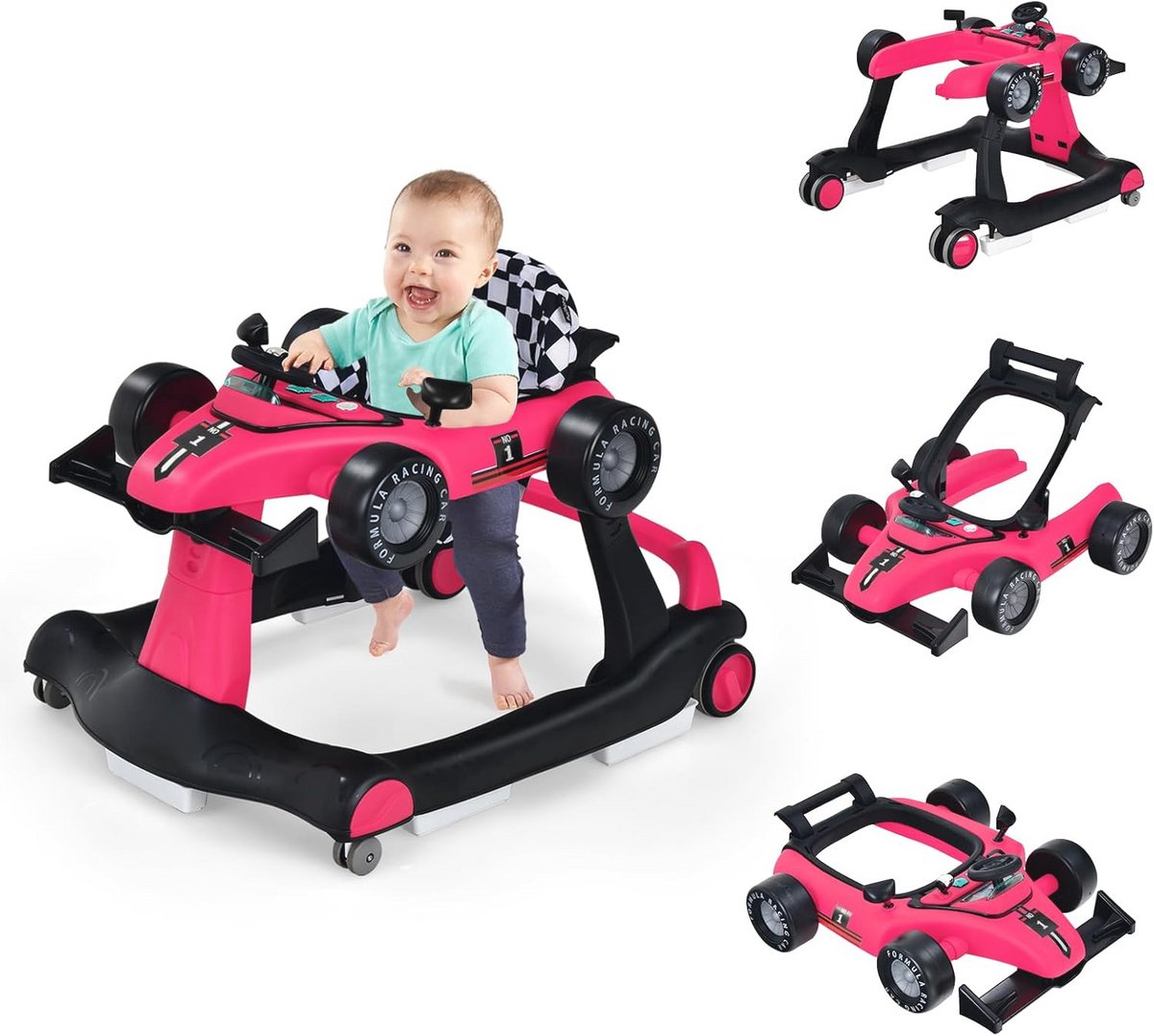 4-in-1 Autovorm Loophulp voor Baby's - Verstelbare en Opvouwbare Loopwagen met Muziek