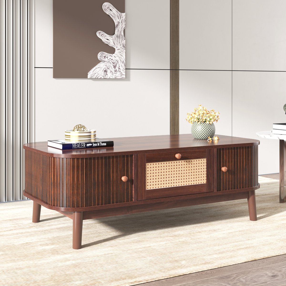 OKWISH Salontafels Koffietafel - Rechthoekige Salontafel Met Rattan Lade - Schuifdeuren En Massief Hout Poten - 110x55x38,5 cm - Massief Hout + Spaanplaat - Bruin