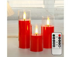 LED-kaarsset van 3 stuks - met afstandsbediening - woondecoratie - rood - realistische vlam - sfeerkaars - 5,5 * 10 / 12,5 / 15 cm