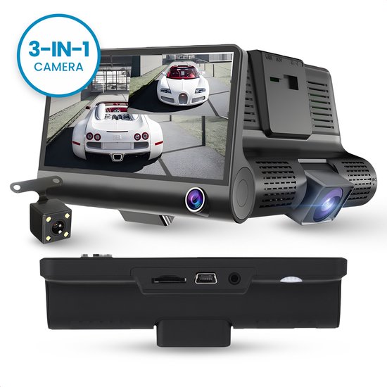 3-in-1 Dashcam – Full HD Voor + Interieur + Achtercamera – 4” LCD – Nachtvisie – G-Sensor – Parkeermodus – 170° Groothoek