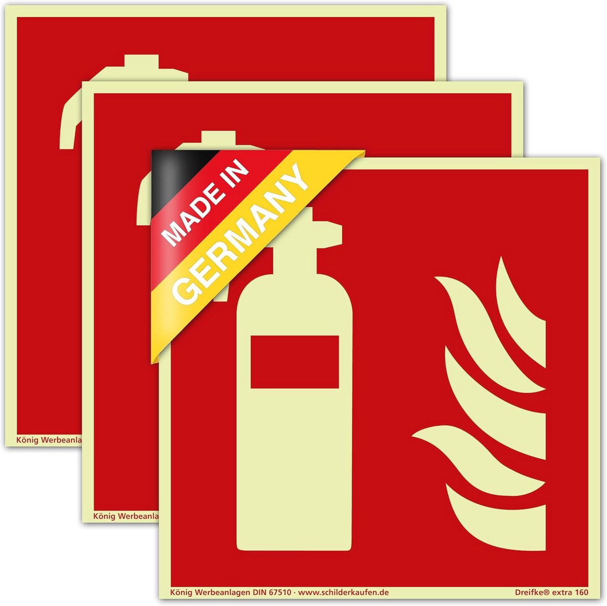 Extra 160 Brandblusser Bord met 3 Stukken - Luminantie 160 mcd/m² - Zelfklevend PVC - 148x148 mm - DIN EN ISO 7010 F001
