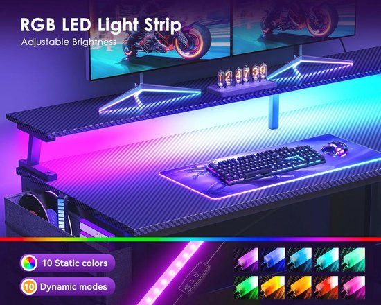 Gamingbureau met USB-oplaadpoorten en LED-verlichting - L-vormig met opbergplanken en monitorstandaard — afbeelding 5