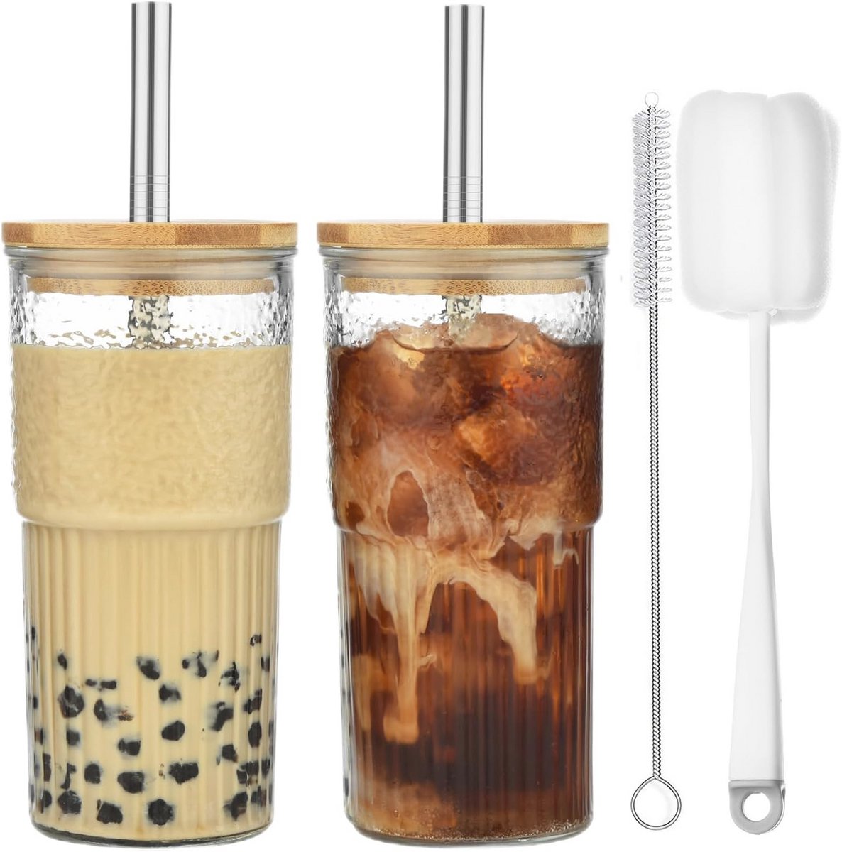 Gestreepte Waterglazen met Deksel - Set van 2 - Ideaal voor Ijskoffie en Smoothies
