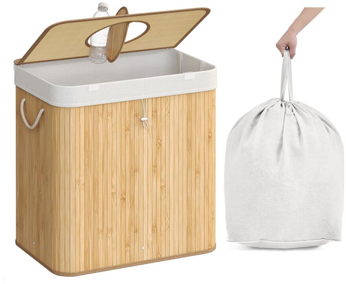 Songmics - Bamboe Afvalscheidingsbak 120L - flessenprullenbak - statiegeldflessen verzamelaar - met Flesopening - Beige