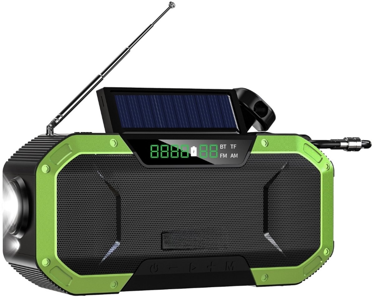 Denk Vooruit - Camp & Survive Solar BT Radio – Groen - Solar & Hand-Crank Noodradio | Bluetooth 5.0 Speaker, 5000mAh Powerbank, LED Lamp & AM/FM