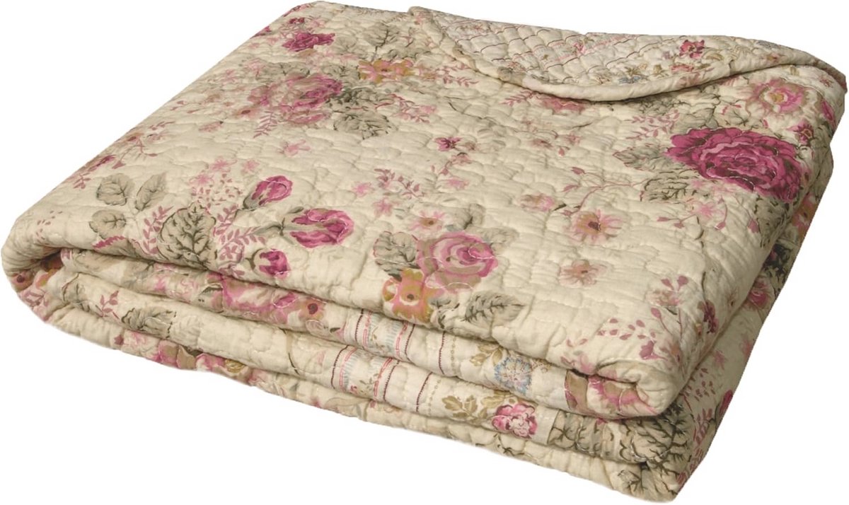 Katoenen Deken Ecru met Rozenprint en Gestreepte Accenten
