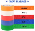 Stapel van vijf rollen tape: oranje, wit, rood, blauw en groen. Naast de stapel worden de kleuren met de tekst "ORANGE", "WHITE", "RED", "BLUE", "GREEN" getoond.