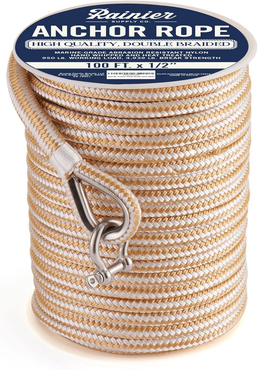 Dubbel Gevlochten Nylon Ankerlijn - 100ft x 1/2" - Marine Grade Boot Touw met Roestvrijstalen Vingerhoed en Snap Hook - Wit/Goud
