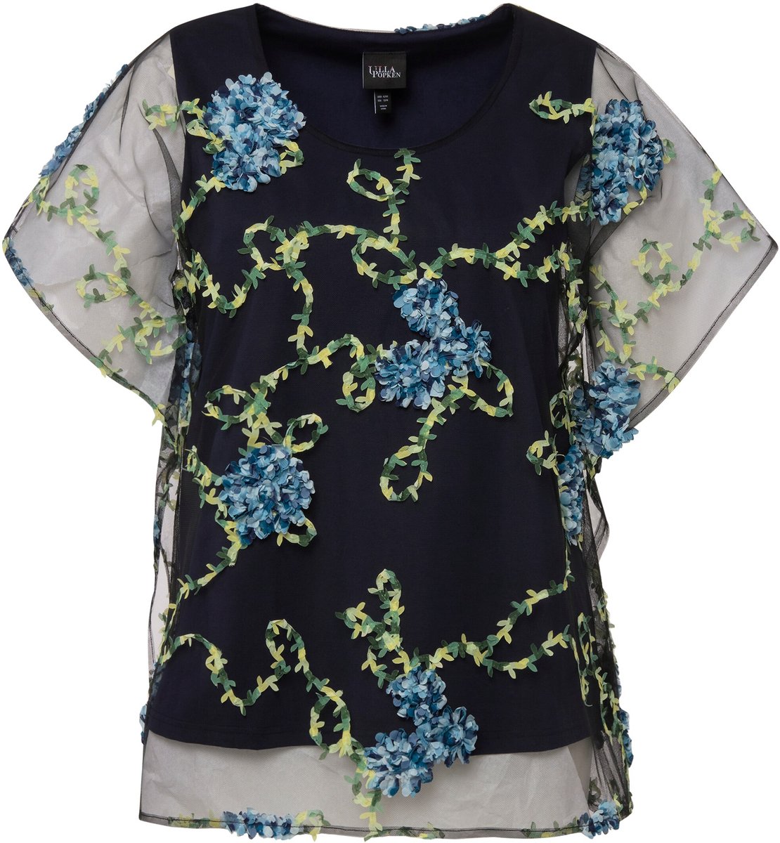 Ulla Popken - Dames - Blouse bloemenborduursel dubbellaags ronde hals - Nachtblauw - Maat 50+