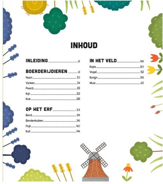 Inhoudsopgave met een windmolen, bloemen en bomen. Lijst van boerderijdieren, in het veld en op het erf.