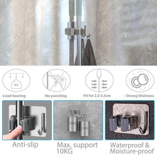 Bezemhouder - Ophangsysteem bezem - 4stuks - Gereedschapshouder - Ophangsysteem - Gereedschapsklem - voor keuken, tuin, badkamer, garage, balkon, kantoor, grijs — afbeelding 5