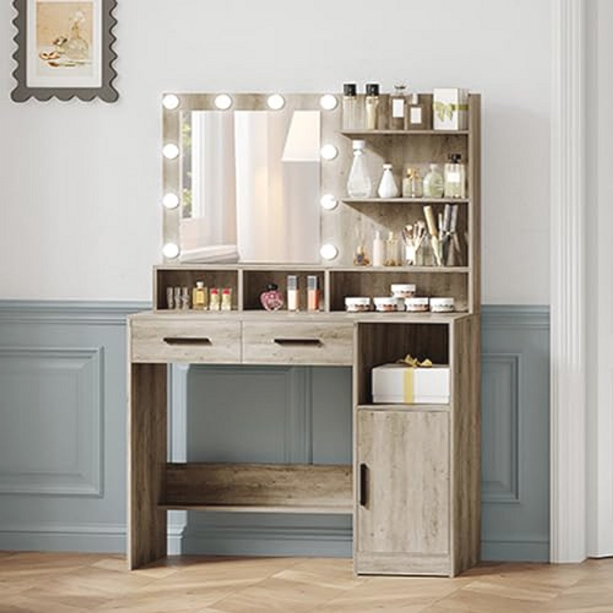 Kaptafel met Spiegel en 10 Ledlampen, Make-Uptafel met 3 Planken en 4 Compartimenten, 2 Lades, Instelbare Lichtsterktes